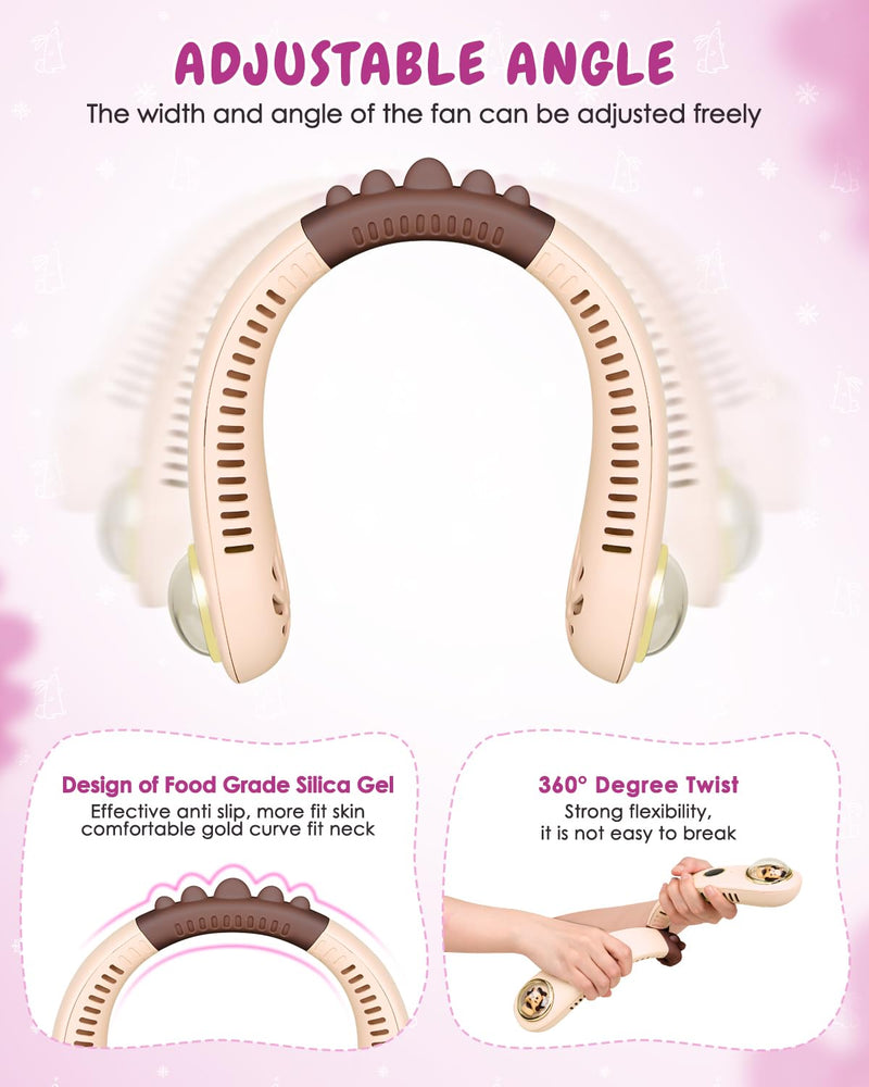 Neck Fan for Kids,Bladeless Portable Fan Rechargeable for 4-14Y Girls & Boys, 2400mAh USB Personal Cooling Mini Fan Rechargeable for Travel/Disney/Camping, 3 Speeds, Summer Essentials(Beige) Beige