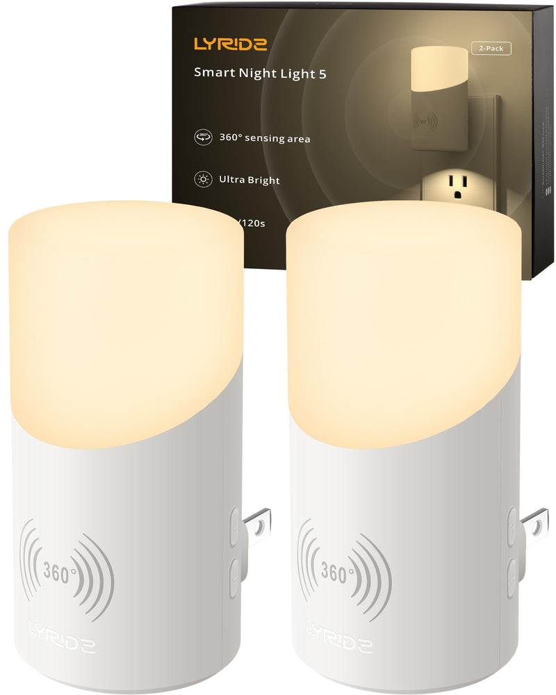 Lyridz LED Plug-in Night Light with 360° Motion Sensor, 1-150 Lumens Dimmable Nightlights Indoor for Bathroom, Bedroom, Hallway, Stairs, Pet House, 2 Pack