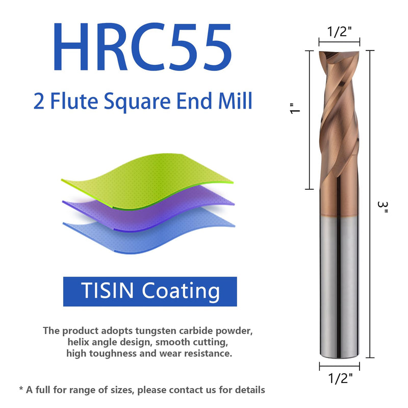 2 Flute 1/2" Carbide Square End Mill Micrograin Milling Bits Sets TISIN Coating CNC Router Bit for Steel 1/2 in