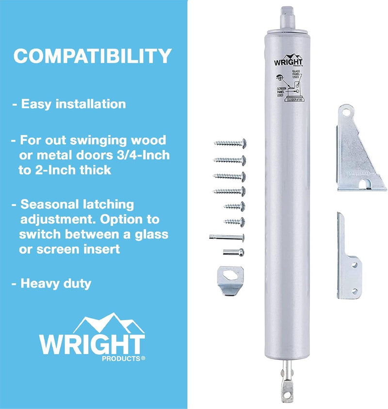 Wright Products Heavy-Duty Pneumatic Storm Door Closer – Durable, Adjustable, Quiet-Closing with Hold-Open Feature (Transitional, Aluminum) Transitional