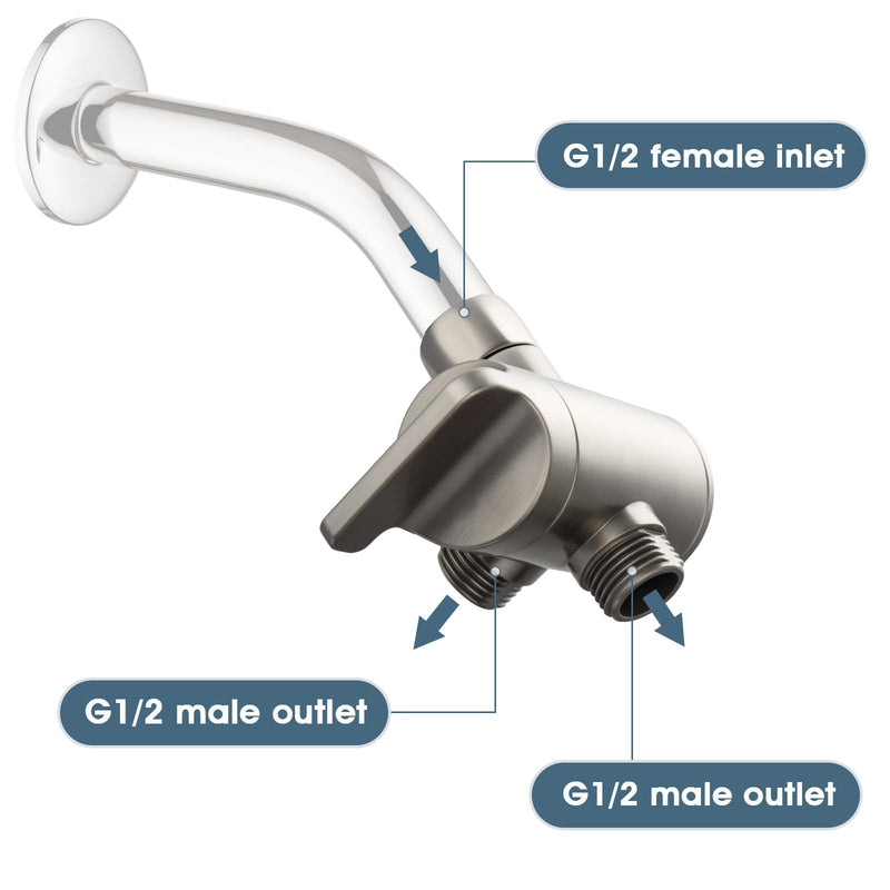 BRIGHT SHOWERS Shower Arm Diverter Valve for Hand held Showerhead and Fixed Spray Head, 3-Way Shower Head Diverter Valve, Brushed Nickel