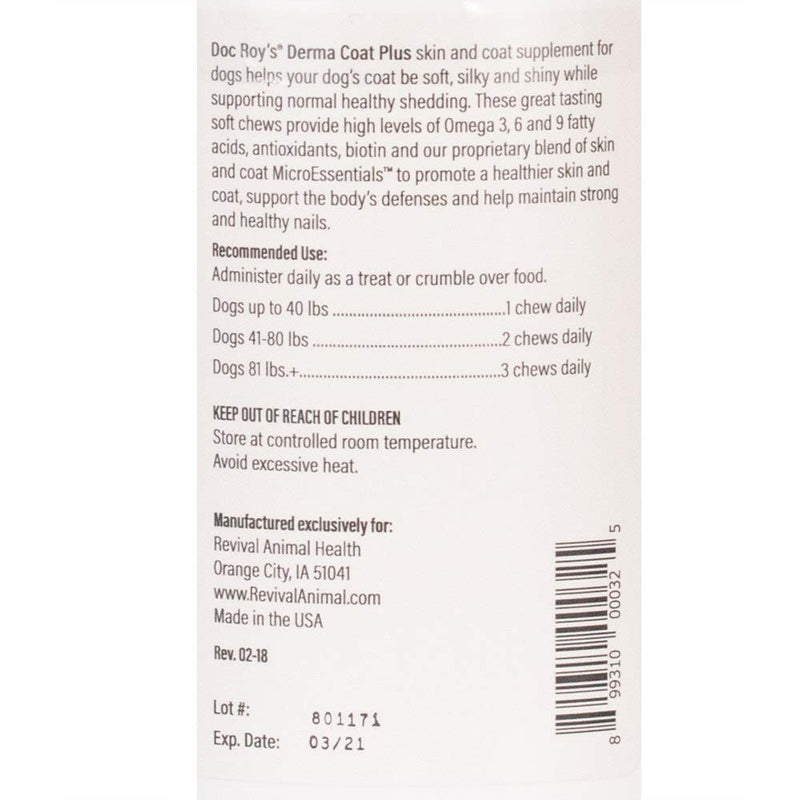 Doc Roy’s Derma Coat Plus Supplement for Dogs, Supports Healthy Skin, Coat & Nails, with Omega 3-6-9 Fatty Acids, Biotin & Antioxidants, 60 Count for Medium & Large Dogs 60ct Medium & Large Dogs