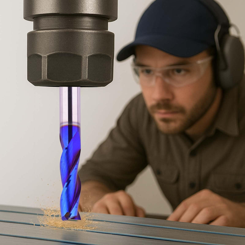 3/8 inch Shank Spiral CNC Router Bits Solid Carbide End Mill 3 Fluter Up Cut with NACO Blue Coated for Grooving Slots Mortises and Wood Carving