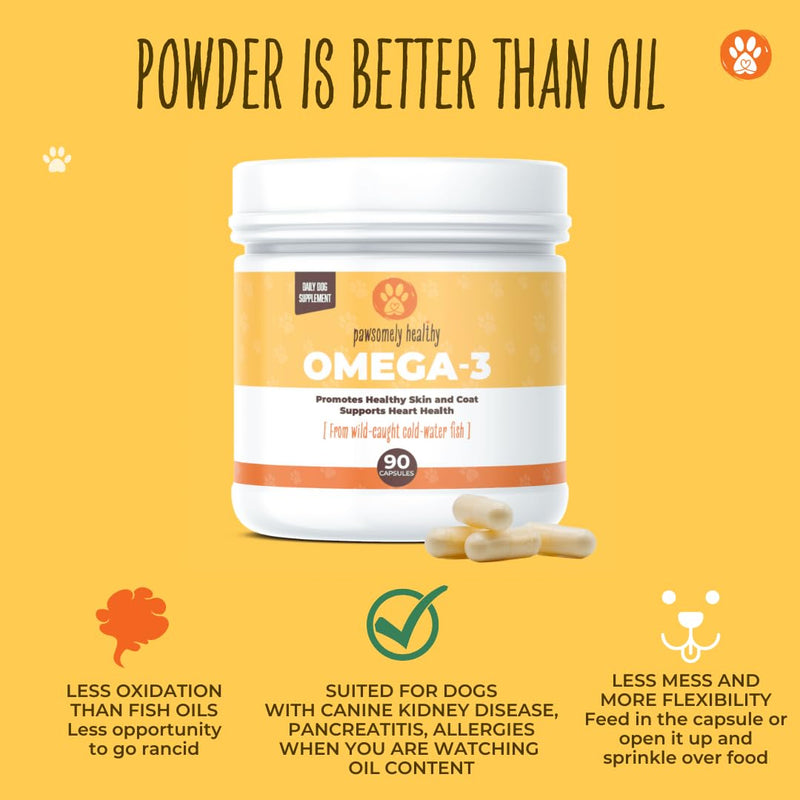 Omega-3 Fish Oil for Dogs by Pawsomely Healthy - High in EPA, DHA - Allergies, Itching, Shedding - Supports Immune System, Skin, Coat, Heart, Joints - 90 Powder Capsules - PawsPlanet Australia