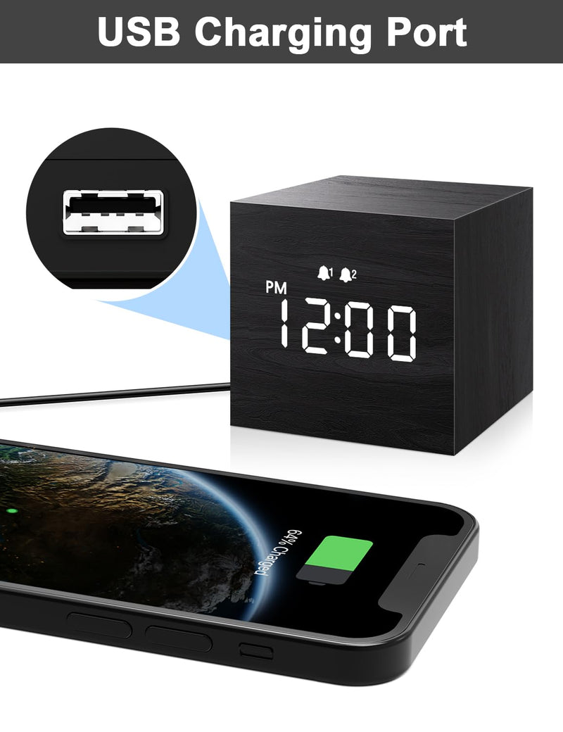 JALL Digital Alarm Clock, with Wooden Electronic LED Time Display, 3 Alarm, 2.5-inch Cubic Small Mini Wood Made Electric Clocks for Bedroom, Bedside, Desk, Black