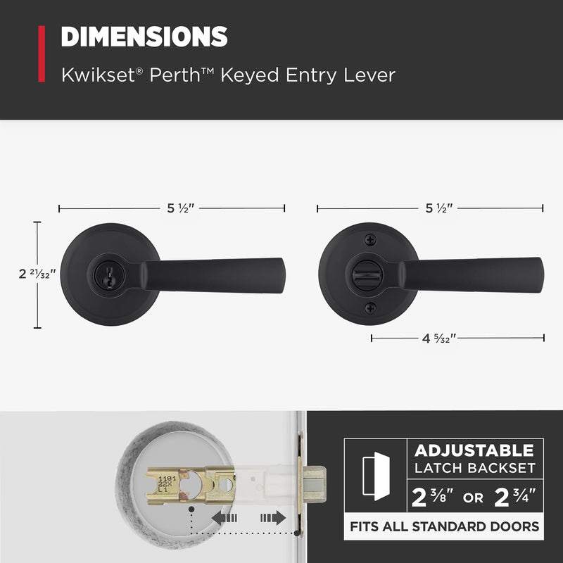 Kwikset Perth Entry Door Handle with Lock and Key, Secure Keyed Reversible Lever Exterior, for Front Entrance and Bedrooms, Matte Black, Pick Resistant Smartkey Rekey Security and Microban