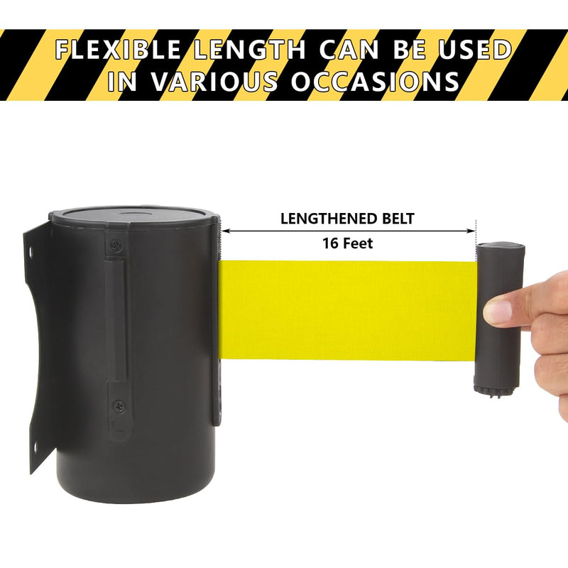 A-KARCK Wall Mount Retractable Belt 16 Foot, Crowd Control Wall Barrier with Steel Case Black and Yellow Belt with Caution: DO NOT Enter