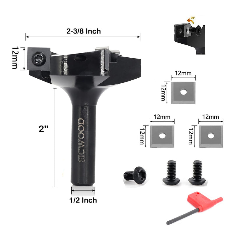 Slab Flattening Router Bits 1/2 Shank, 2-3/8”Cut Dia, 12*12*1.5mm Insert, CNC Spoilboard Surfacing Router Bits, Planing Router Bits, for Flycutter/ Slab Leveler/ Rabbeting 2-3/8" Dia,1/2 Shank, 3-Wing Surfacing Bit 1/2 Shank