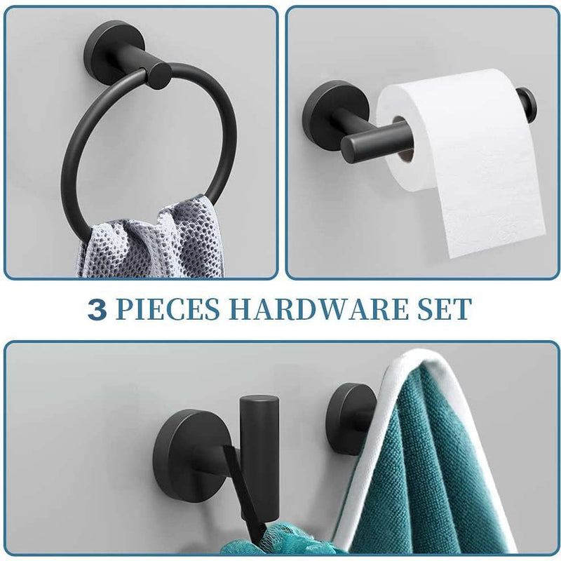 3 Pieces Bathroom Kit Accessories Set Restroom Towel Holder Toilet Paper Holder and Hook Set SUS 304 Stainless Steel Bathroom Hardware Set (Matte Black)