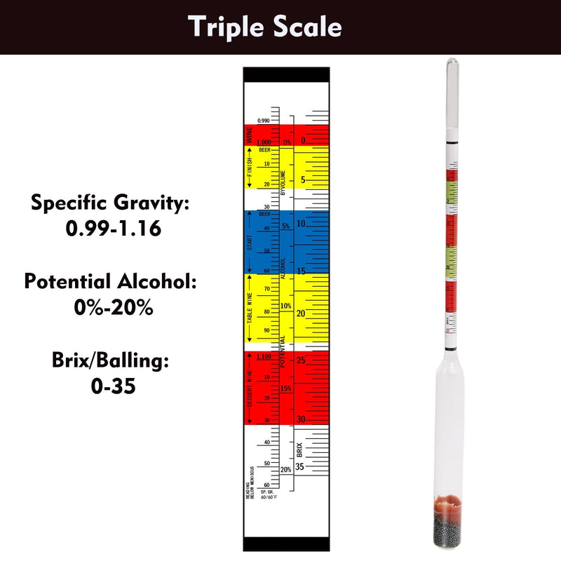 Triple Scale Hydrometer for Wine, Beer, Mead & Cider - ABV, Brix and Gravity Test Kit with Glass Test Jar Cleaning Brush Microfiber Cloth Triple Scale Hydrometer Test Jar Kit