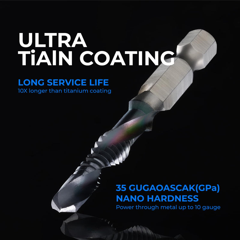 Kraftek SAE(6-32NC - 1/4-20NC) 6pcs Combination Drill and Tap Bit Set, Ultra TiAlN Coating M2 Drill Tap Set for One-Step Drilling, Tapping, and Deburring SAE Set (6pcs)