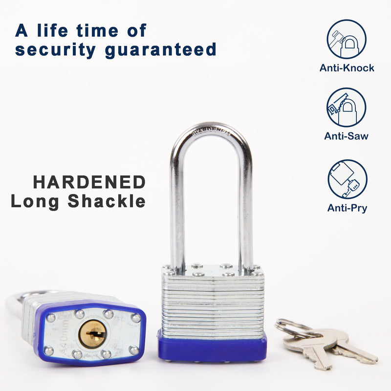 SEPOX® Twins Keyed-Alike Padlock, Reinforced Laminated Steel Body 1-9/16" 40MM, Robust Hardened-Steel Long-Shackle, Pack of 2-Pcs Lock, 4-Pcs Same Keys, Ideal for Locker-Lock & Tool-Box 1-9/16 Inch
