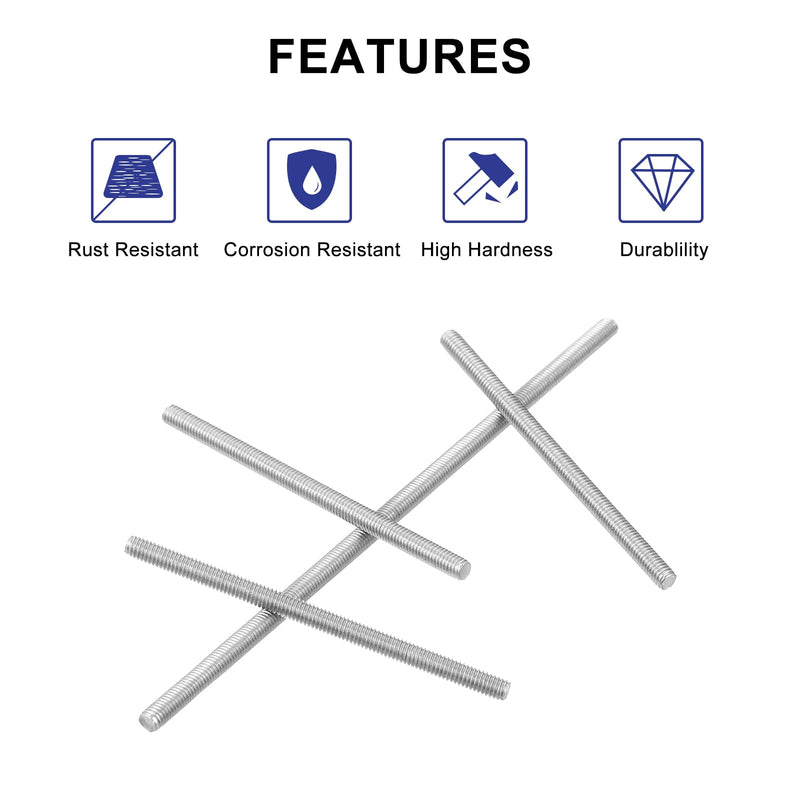 uxcell 8Pcs Fully Threaded Rod, M3 x 70mm 304 Stainless Steel Right Hand Thread Bar Studs M3-0.5 Thread Pitch for Furniture Machinery Assembly 8
