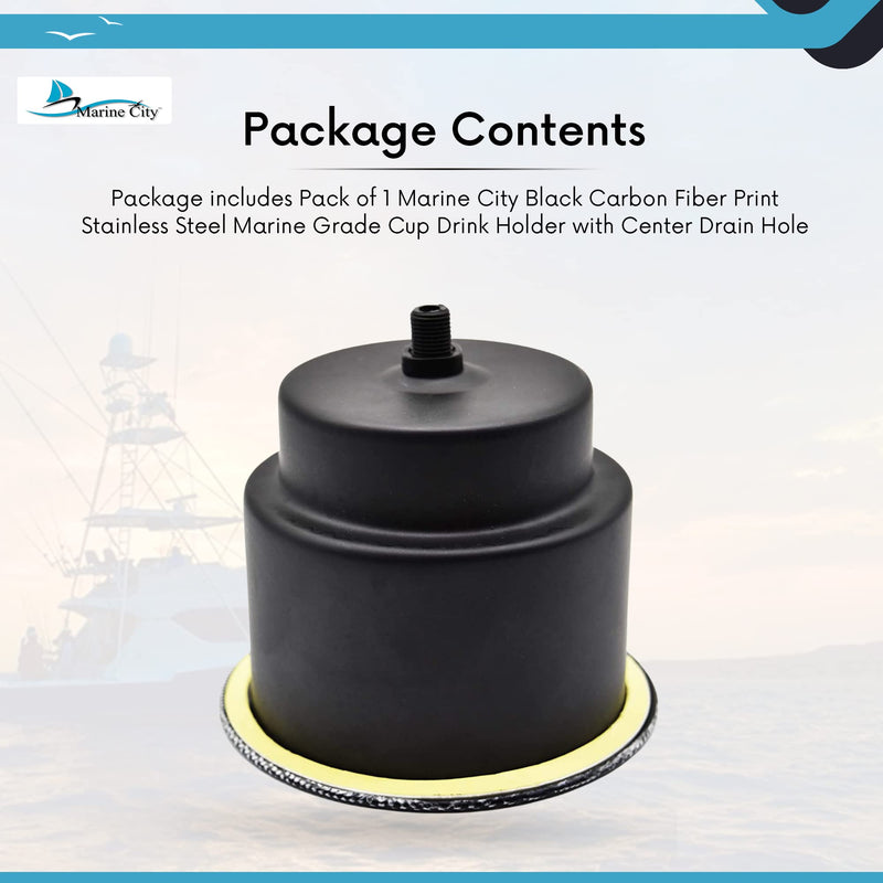 MARINE CITY Stainless Steel Cup Holder – Black Carbon Fiber Print, Marine Grade, Center Drain Hole – for Boat, Yacht, Ship, Kayak, Poker Table & Countertop (1 Pack)