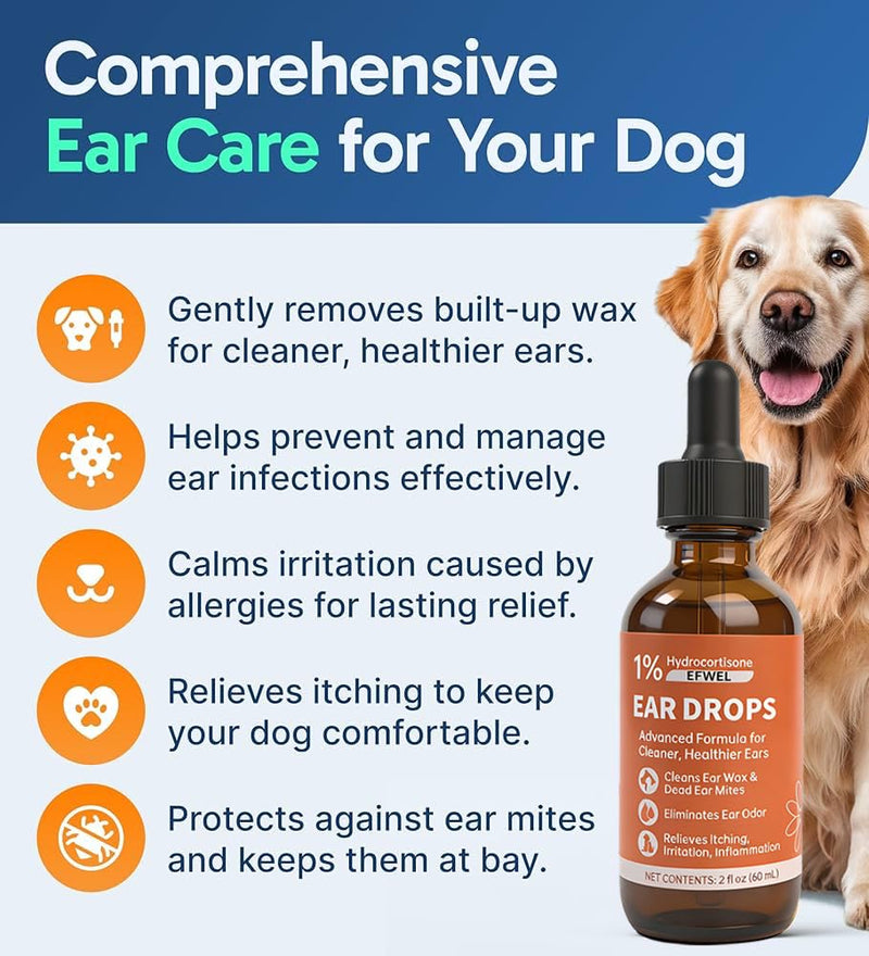 Dog Ear Cleaner Drops with 1% Hydrocortisone, Natural Infection Treatment for Dogs and Cats, Yeast Infection and Itchy Ear Relief, 2 fl oz