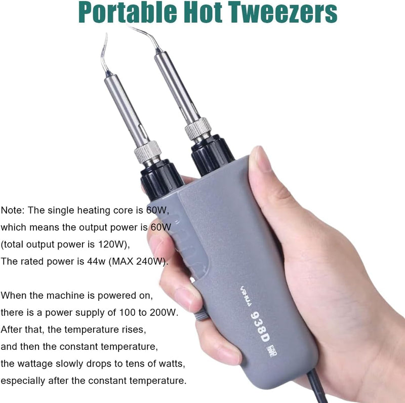 938D Mini Soldering Tweezers Station, 60W 110V Portable SMD Soldering Iron with LCD Display, PID Temp Control, Auto Sleep, Hot Tweezers for Desoldering SMT Components