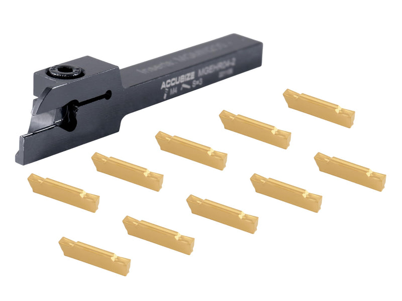 Accusize Industrial Tools 1/4" x 3/8'' Cut-Off Holder, Parting Tool, Mgehr04-2 of 2387-2001 with 10 Carbide Inserts for Cutting Steel, 2387-0001ins | For Steel, MGMN200 Inserts Included, 1 Indexable Holder Plus 10 Carbide Inserts, 2387-0001INS
