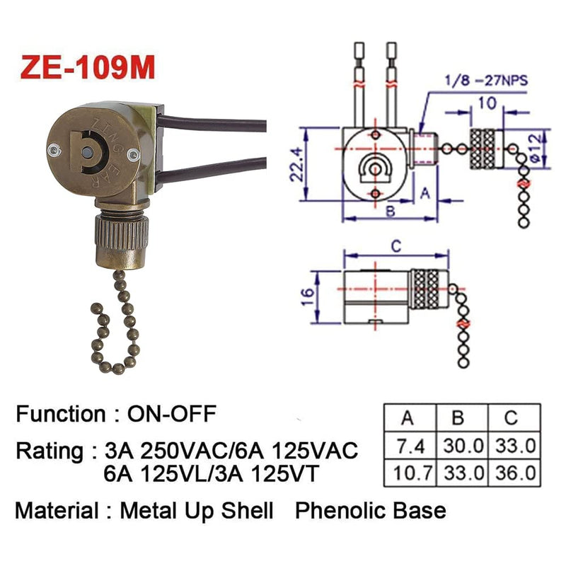 Ceiling Fan Light Switch Metal Zing Ear ZE-109M,Two-Wire ON-Off Pull Chain Switch, Compatible with Hunter Ceiling Fan Light (Bronze) Bronze