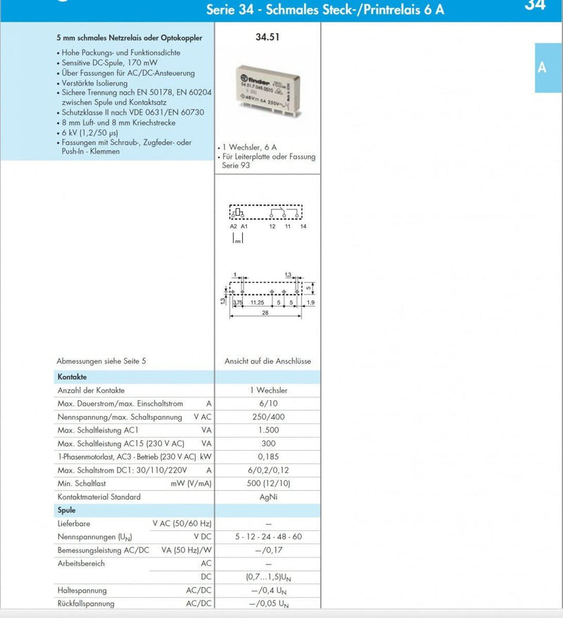 Finder 34.51.7.012.0010 SPDT 6A, 12V DC Coil, AgNi Contact, Slim Electromechanical PCB Relay