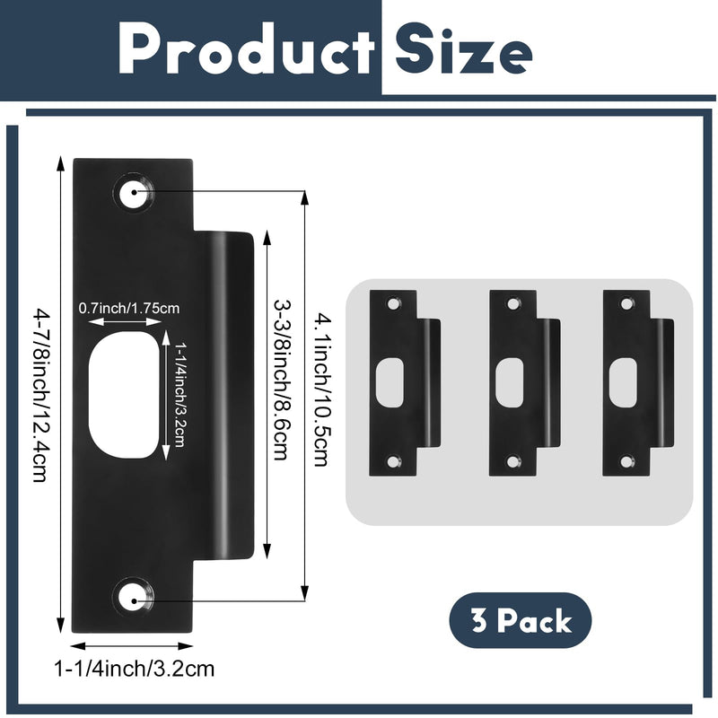 3Pcs Stainless Steel Strike Plate Universal Door Strike Plate 4 7/8" x 1 1/4" Deadbolt Strike Plate Door Backplate D-Shaped Hole Steel with Black Finish Replacement Lock T Strike Plate Style2