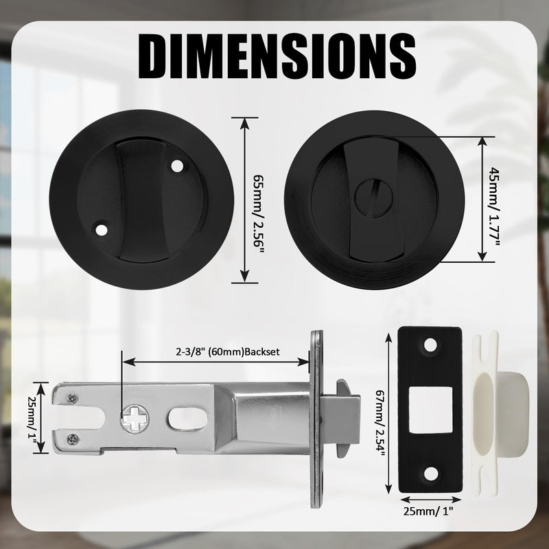 Pocket Door Lock, Matte Black Pocket Door Hardware Round Door Lock, Privacy Sliding Bifold Door Locks for Bathroom Bedroom Round/ Privacy (rotary knob)