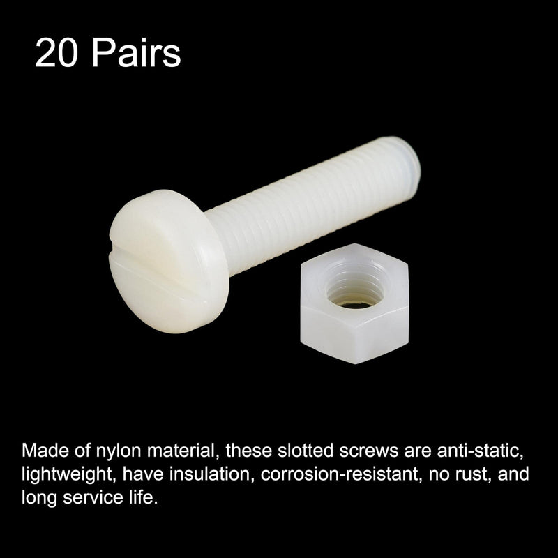 uxcell 20 Pairs Nylon Screw Nut Assortment, M8x30mm Slotted Pan Head Screws & M8 Hex Nuts for Machinery, Electronics, White