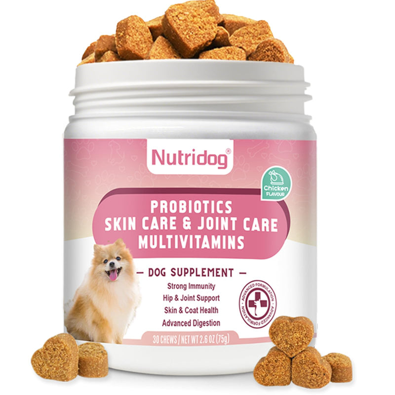 26-in-1 Dog Multivitamin Chews – Glucosamine, MSM & Chondroitin for Joints, 6-Strain Probiotics for Gut, Calming Chamomile & Valerian, Immune Support, Chicken Flavor (30 Count) ND-015