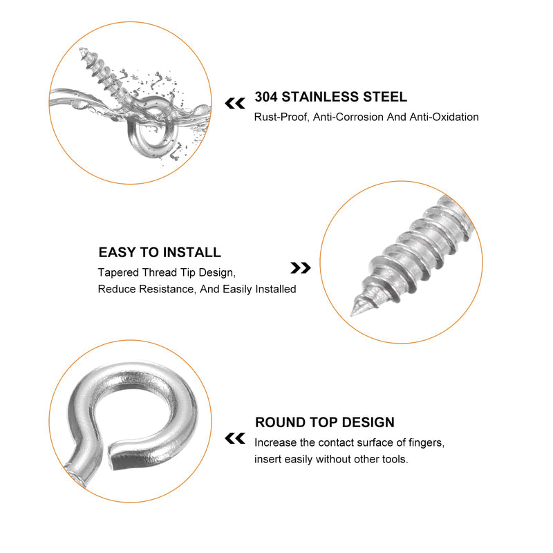 uxcell 100Pcs Eye Screws, 304 Stainless Steel 12x5mm Small Self Tapping Screw Hooks Ring Mini Eye Pins for DIY Handwork Wooden Clay Pendants Cork Bottles, Silver 100