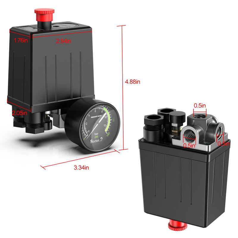 Preciva Air Compressor Pressure Switch Control Valve with 4 Way Valve Air Pressure Regulator 0-180PSI / Safety Pressure Relief Valve/Threads Pipe & Plug