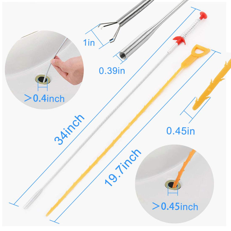 Omont Snake Drain Hair Clog Remover Tool, 34 Inch Stainless Steel Claw and 3 Pack 19. 7 Inch Plastic Sink Unclogger Tool, Sink Drain Cleaner Tool for Kitchen, Sink Bathroom, Tub Toilet Orange (3+1) Orange 3pcs Sink Snake+Steel Claw