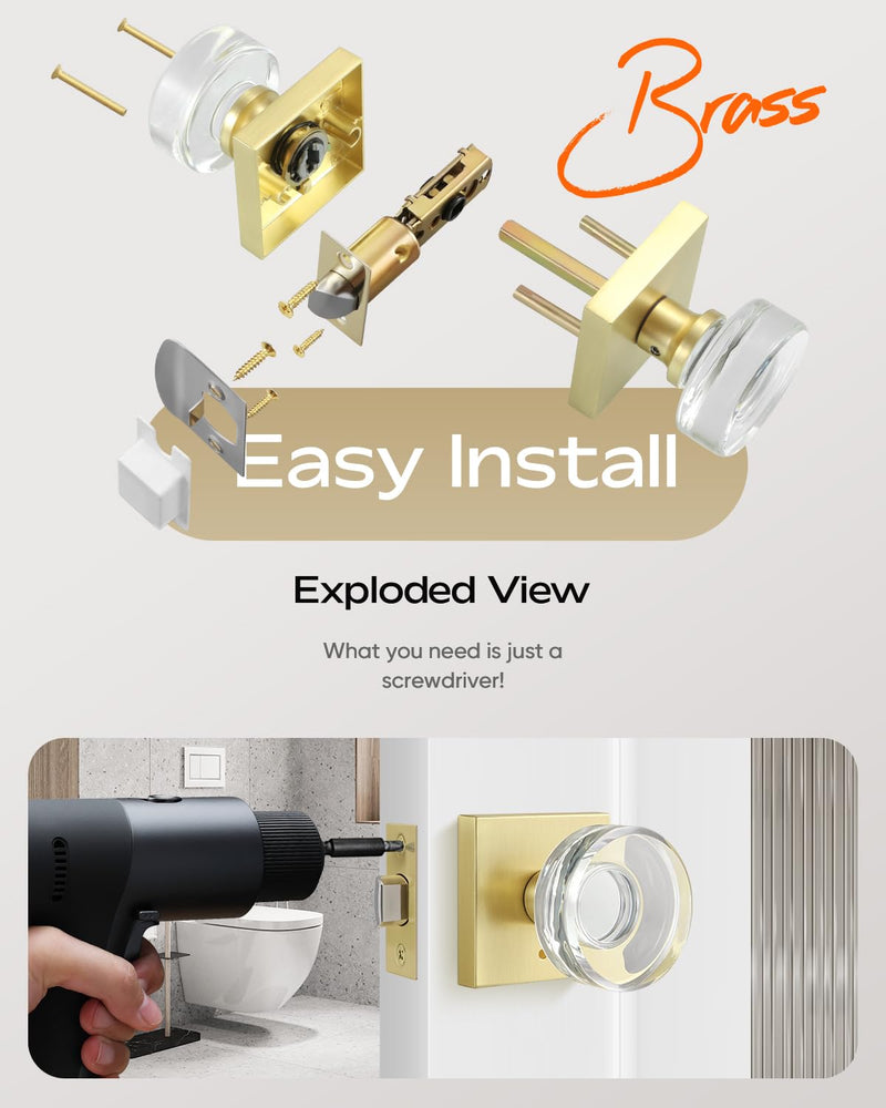 Leydebong 2 Pack Crystal Door Knobs, Gold Door Handles Interior, Premium Bathroom/Bedroom Door Levers with Lock, Glass Door Knobs Privacy Function with No Key Satin Brass - Privacy