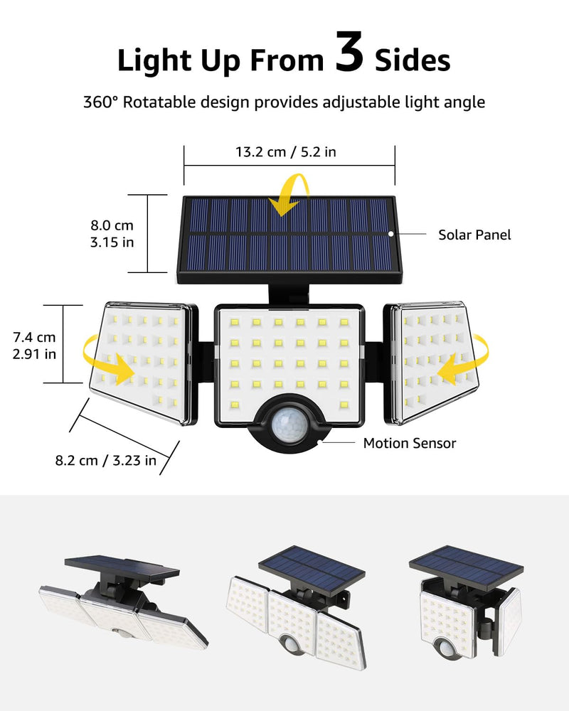 LE Solar Lights for Outside, Solar Lights Outdoor with Motion Sensor, WL4000 High Brightness, 3 Adjustable Heads 270° Wide Lighting Angle, IP65 Waterproof, Wireless Wall Lamp for Yard Garage, 2 Packs