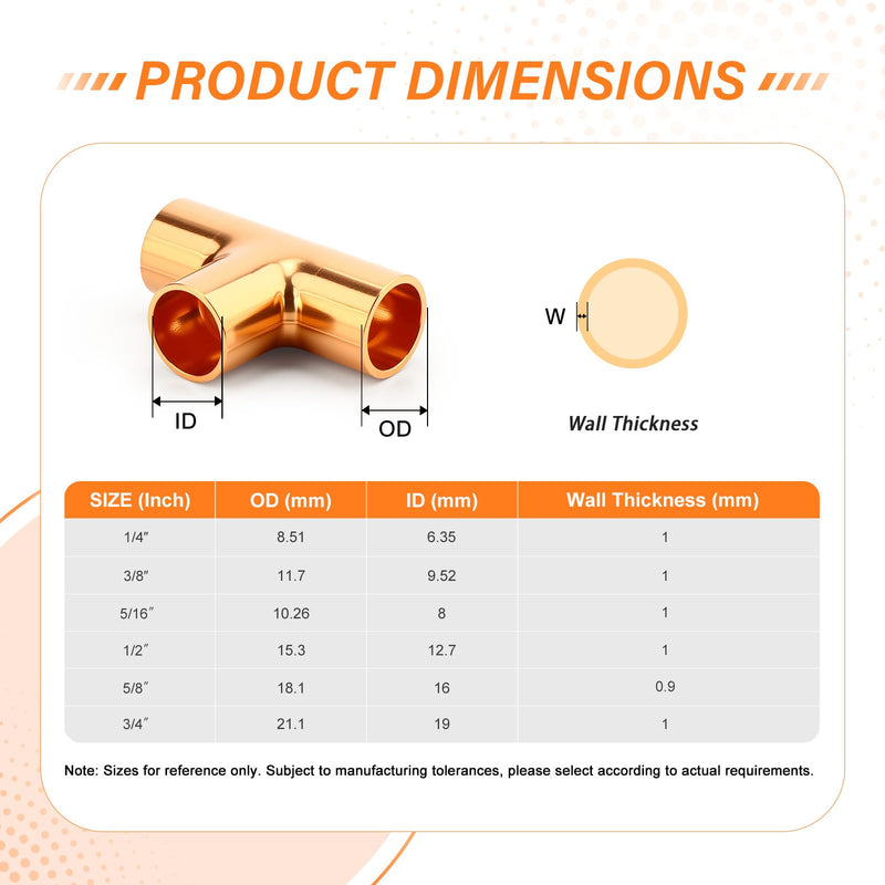 GASHER 12Pcs 3/4" x 1mm Wall Thickness Copper Tee Fitting 0.75 Inch 12