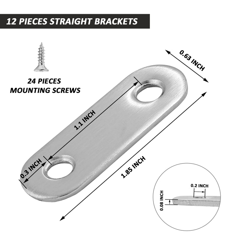 Litoexpe 12 Pcs 1.9 Inch Stainless Steel Straight Brackets, Silver Flat Straight Brace Metal Mending Plate Connector for Wood Furniture Repair, with 24 Pieces Screws (1.9 x 0.6 inch, 47 x 16 mm) 1.9 x 0.6 inch (12 Pack)