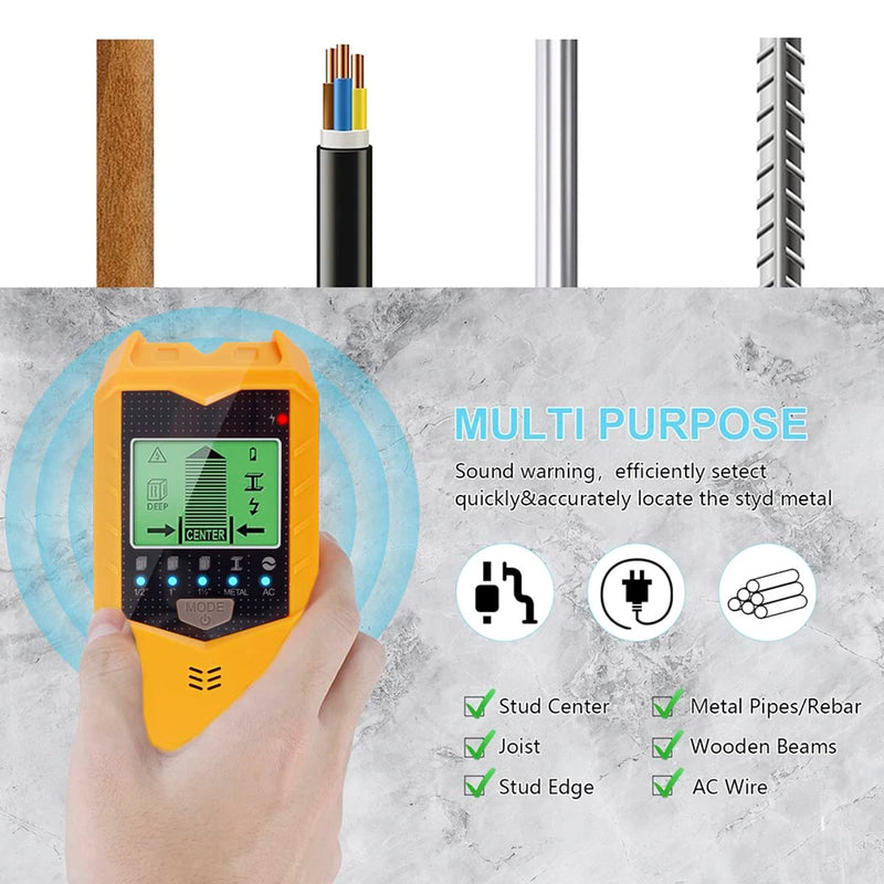 Stud Finder Wall Scanner, 5 in 1 Electronic Stud Sensor, Metal Detector Wall Scanner, Wall Wood Detector Scanner with LCD Display & Audio Alarm for Wood Metal Pipe Studs AC Wire Detection (Yellow)