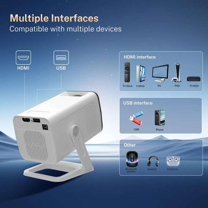 Mini Projector with WiFi 6 and Bluetooth 5.4 Built-in Apps Portable Projector Android 11 Auto Keystone 1080P 4K Support for Bedroom Outdoor Compatible with iOS/HDMI/TV Stick VisualCube 300 VisualCube 300 White