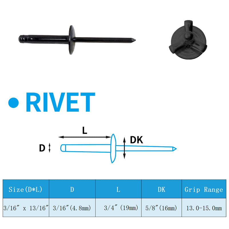 60 Pcs Aluminum Blind Rivets, 3/16” x 3/4" Pop Rivets Assortment, Black 3/16” x 3/4"