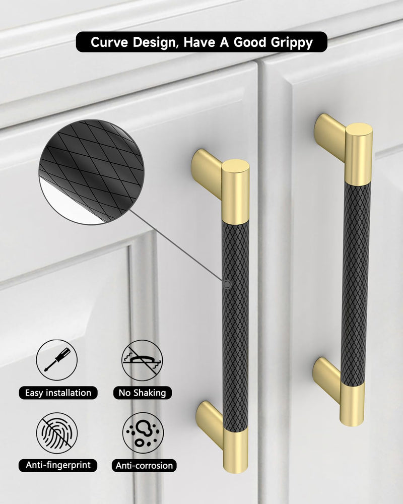 10 Pack 3''(76mm Hole to Hole) Black and Gold Cabinet Pulls, Knurled Brushed Gold Matte Black Cabinet Handles for Kitchen Drawers, Bathroom Vanity, Dresser - Heavy Duty Hardware CK0094 3"/76MM Hole Center 10