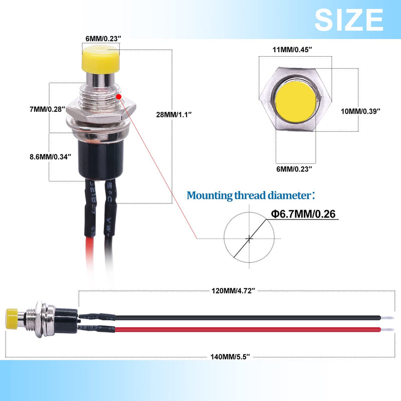 Twidec/12PCS 12V 250V Momentary Push Button Switch 2 Pins SPST 7mm 6 Colors Normal Open 1A Mini Round Button Switch with Pre-soldered Wires PBS-110-X6C Blue+Red+Black+White+Yellow+Green