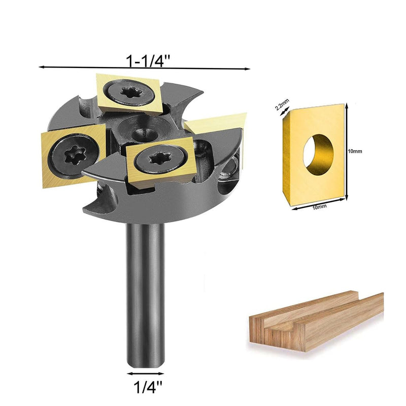 Carbide Insert CNC Spoilboard Surfacing Router Bit 1/4 Inch Shank 1-1/4" Cutting Diameter, Surfacing Slab Flattening for Woodworking with ATS Coating 1/4" Shank, 1-1/4" Cut Dia. with ATS Coated Insert