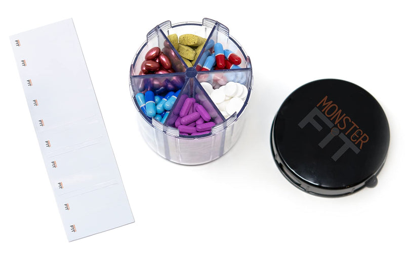 Monster Jr Supplement Pill Dispenser - Holds Small Medium Medication Vitamins and Easily Dispense from One Container Includes Compartment Labels ( 1 Pack) Monster Jr - 1 Pack
