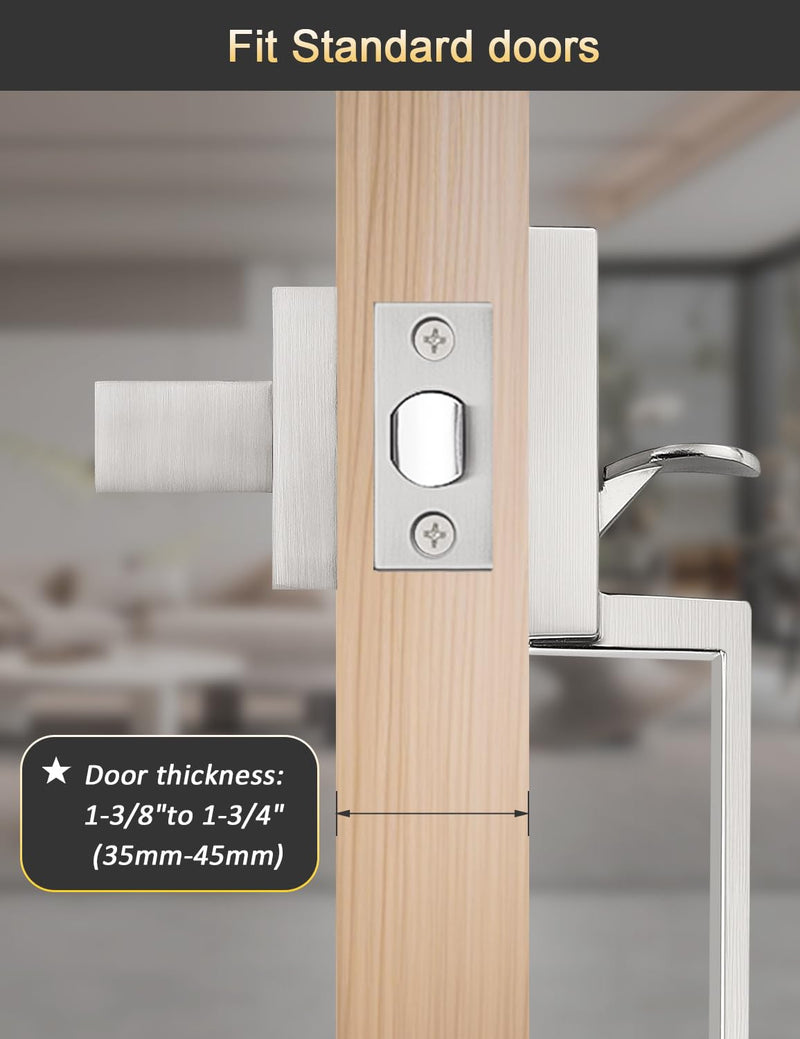 Square Brushed Nickel Front Door Handle with Classic Door Lever, Upgrated Exterior Door Entry Handle No Lock, Reversible for Left & Right Handed 1 Pack Satin Nickel
