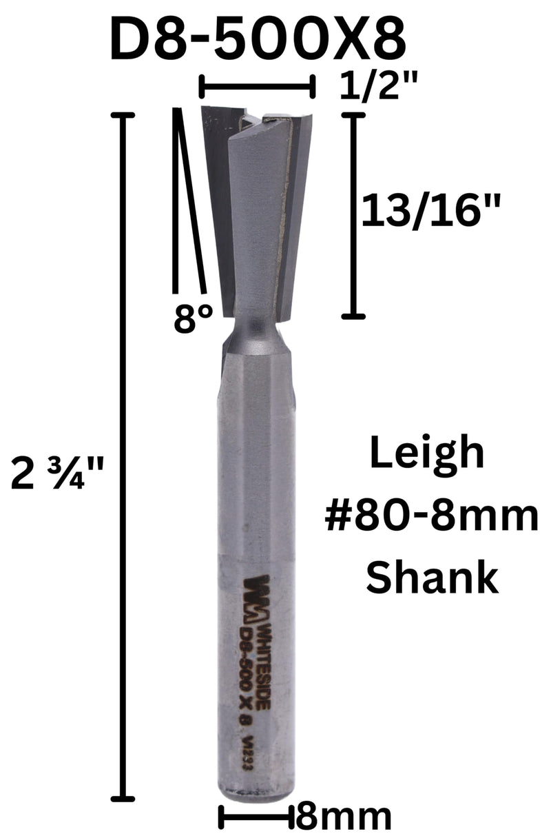 Whiteside Router Bits D8-500x8 Dovetail Bit with 1/2-Inch Large Diameter, 13/16-Inch Cutting Diameter and 8mm Shank
