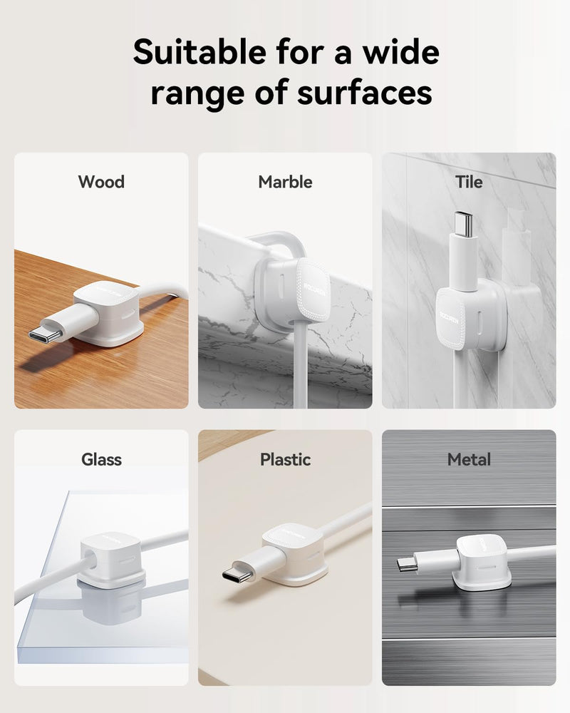 6-Pack Magnetic Cable Clips Cord Organizer-Cable Smooth Adjustable, Rocoren Desk Cable Management Accessories,Cable Holder Clips Wire Holder Keeper for Desktop,Nightstand,Wall,Home Office,Phone,Car 6white 6Pack