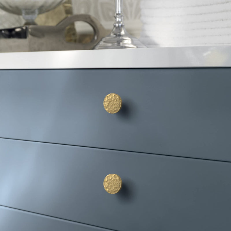 10-Pack Modern Gold Cabinet Knobs, Hammered Solid Brass Drawer Knobs, Round Dresser Drawer Pulls and Handles, Kitchen Cabinet Hardware, Diameter 1-3/16 Inch 10 Shiny Hammered Gold