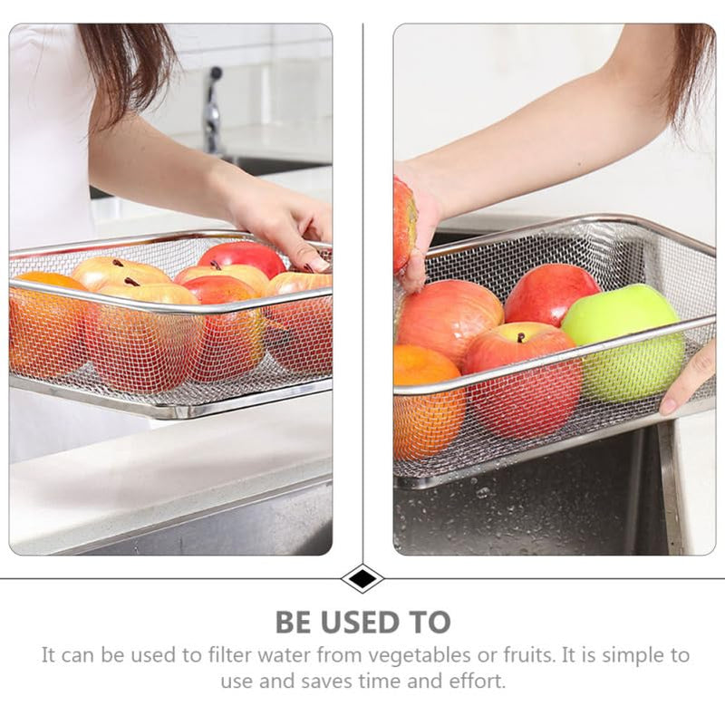 Cabilock Stainless Steel Drain Basket 13.38 X 9.84 X 3.14 Inch Fine Mesh Vegetable Fruit Strainer Kitchen Sink Colander for Food Rinsing and Draining