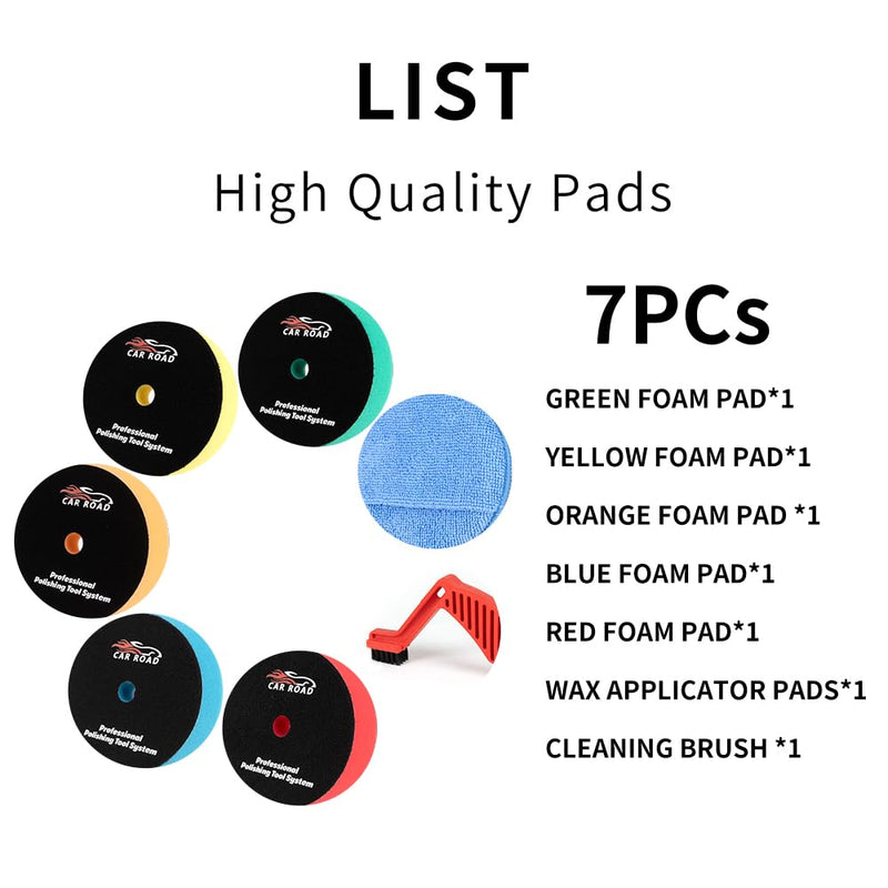 CARROAD 7pc 6.5 Inch Buffing Pads Kit - Heavy Cut to Finishing Foam & Wool Pads for DA/RO Polisher - Removes Scratches, Oxidation & Swirl Marks - 50+ Reusable Cycles 7pc 6.5inch standard