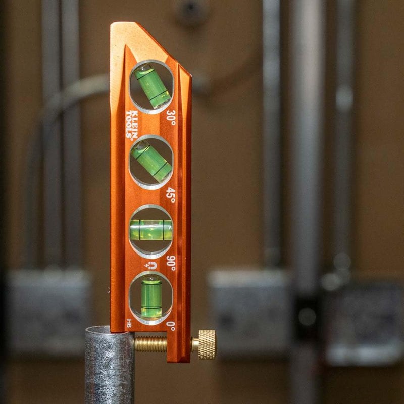 Klein Tools 935AB4V Level, 6-Inch Magnetic Torpedo and Conduit Level with 0/30/45/90 Degree Vials, V-Groove and Magnet Track, High Visibility Orange