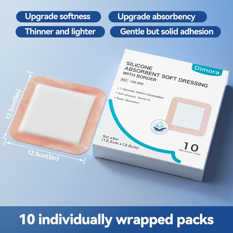 Dimora Silicone Super Absorbent Wound Dressings - Gentle Adhesive Bandages with Ultrasorb Polymer,Heavy Exudate Wound Care Pads 5"X 5" 10 Packs 5"x 5"