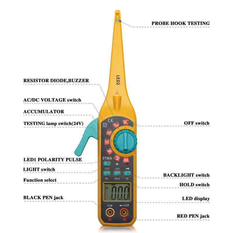 Automotive Circuit Tester with Hook Probe, 4-in-1 Digital Multimeter Auto Electrical Tester DC/AC Aging Voltage Resistance Continuity Battery Diode Tester with Screen for Car Truck Repair